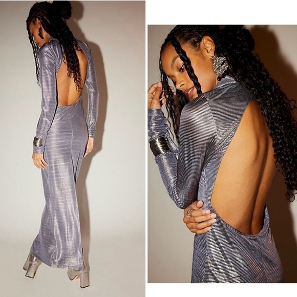 New! Free People Mila Shimmering Silver Metallic Backless Maxi Dress 🩶 Large - Picture 2 of 6